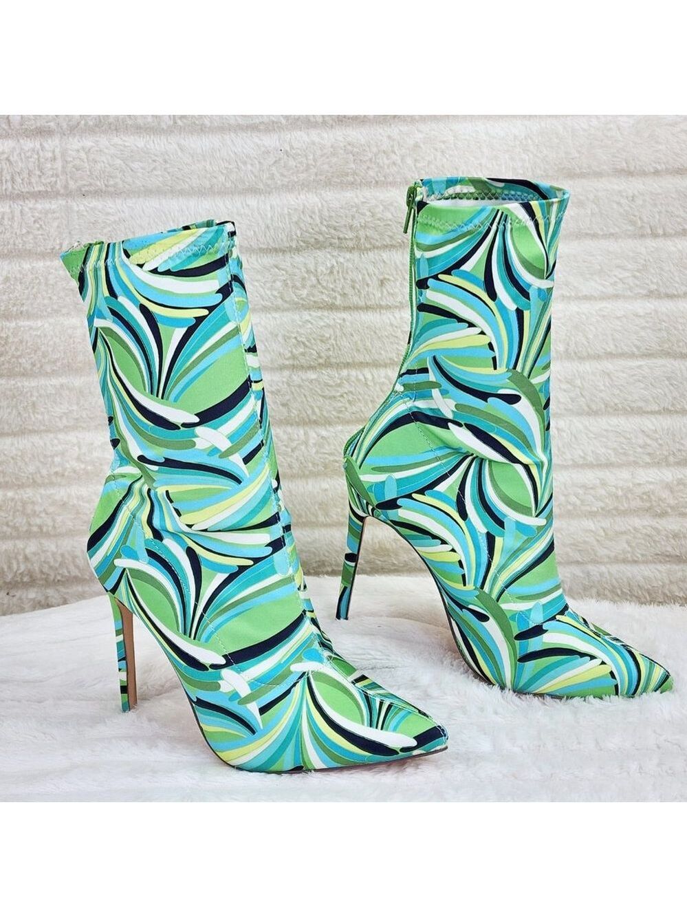 Odin Crazy Wild Color Pattern High Heel Stretch Fabric Ankle Boots - Green Blue - Picture 12 of 15